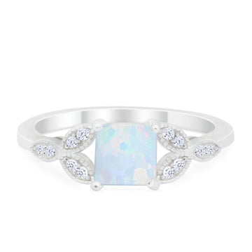 Art Deco Design Engagement Ring Princess Cut Lab Created White Opal 925 Sterling Silver